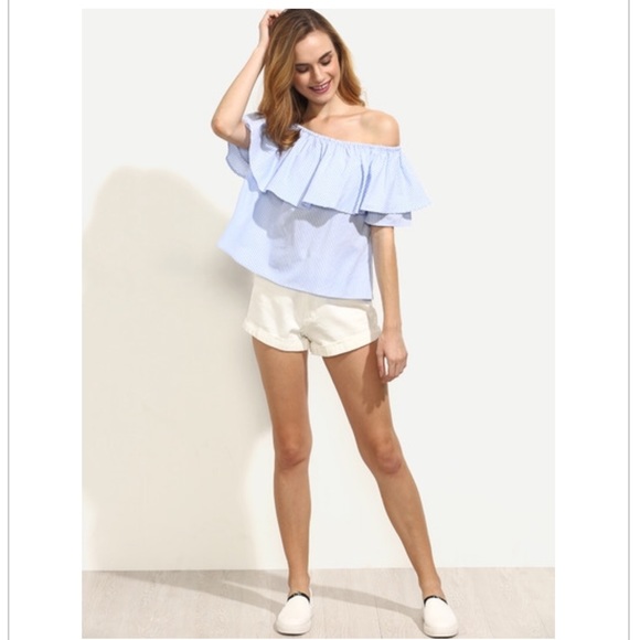 SHEIN Women’s Off-The Shoulder Ruffle Strapless Blouse Blue White Large - Picture 2 of 7