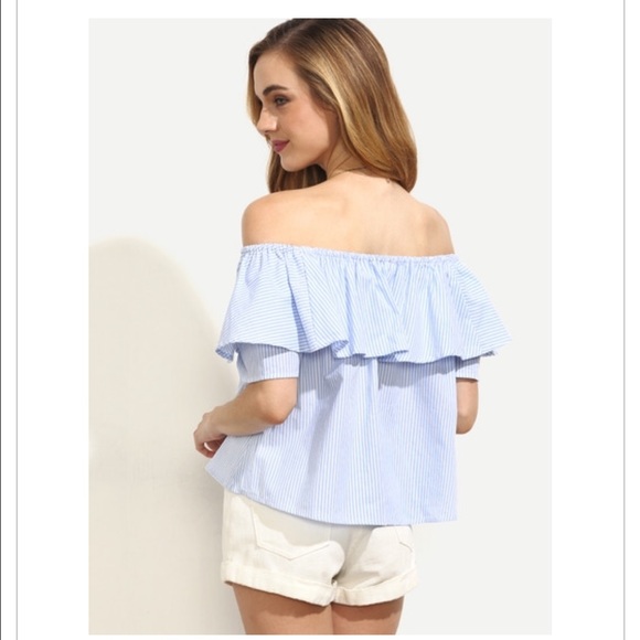 SHEIN Women’s Off-The Shoulder Ruffle Strapless Blouse Blue White Large - Picture 3 of 7