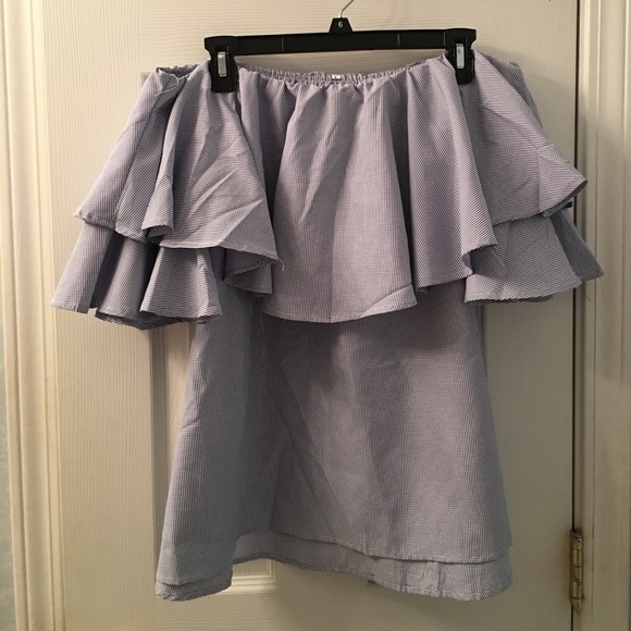 SHEIN Women’s Off-The Shoulder Ruffle Strapless Blouse Blue White Large - Picture 4 of 7