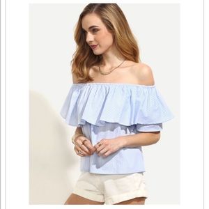 SHEIN Women’s Off-The Shoulder Ruffle Strapless Blouse Blue White Large