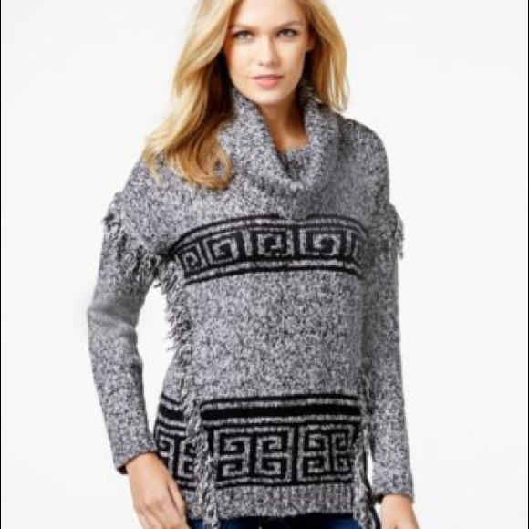 Kensie Marled Fringe Cowl Neck Sweater-Small