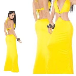 Yellow V  neck club wear maxi dress