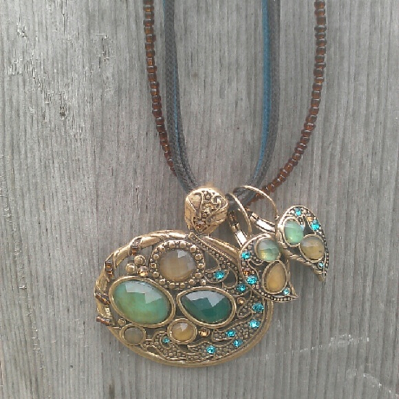 Teal & gold charm, triple cord, necklace w/earring