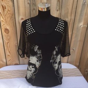 Black Mesh Sleeve Studded Skull Top