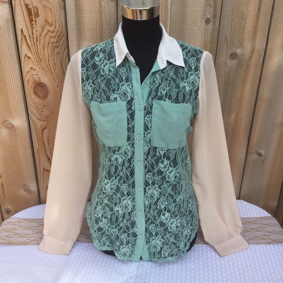 LUSH Sea Foam Green & Lace Button Up