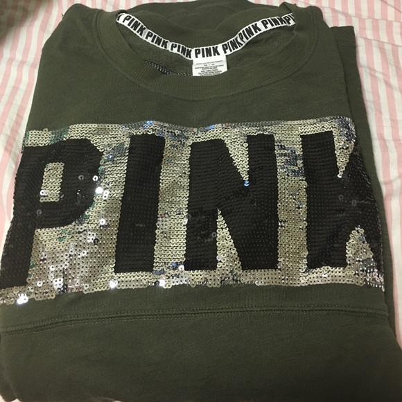 PINK Victoria Secret Olive Green Sparkle Sweater