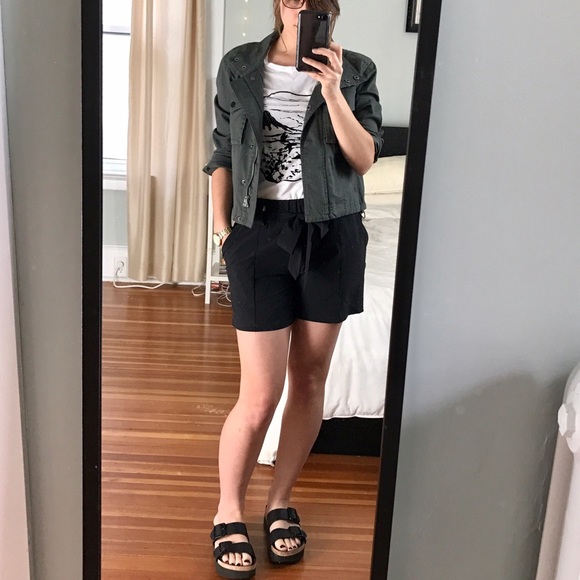 Black Athleta soft shorts with ribbon belt