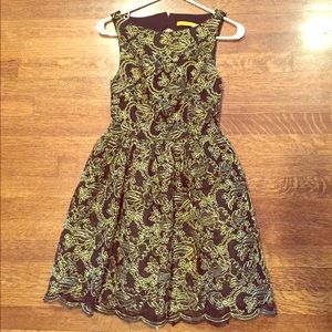 Alice + Olivia black and gold lace open back dress