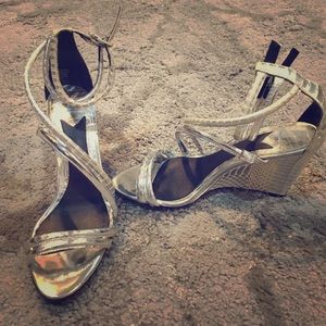 B Brian Atwood Sedini silver wedge sandals