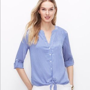 Blue striped tie front blouse