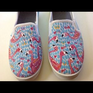 HAND PAINTED FLAMINGO SLIP ONS