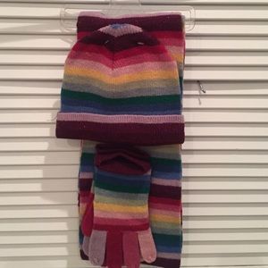 Multi color scarf, glove and hat set