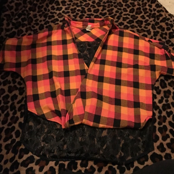 Black orange plaid shirt with black lace
