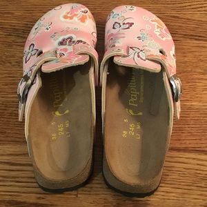 patterned birkenstock clogs