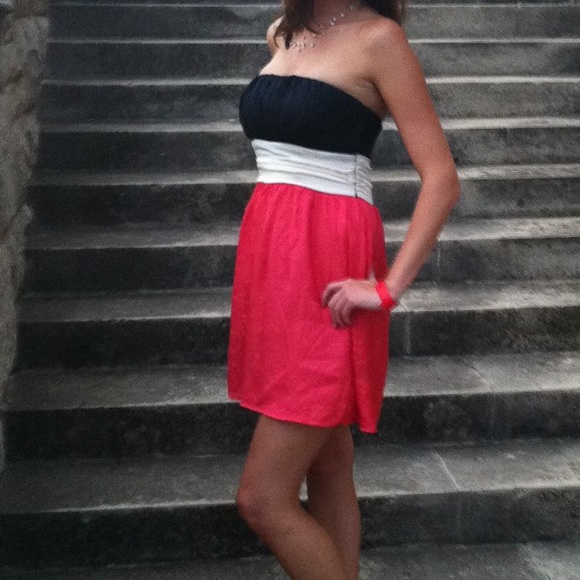 Coral Pink Cream Black Strapless Dress