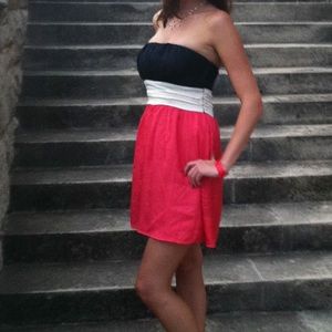 Coral Pink Cream Black Strapless Dress