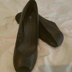 Black Leather Peep Toe Wedge