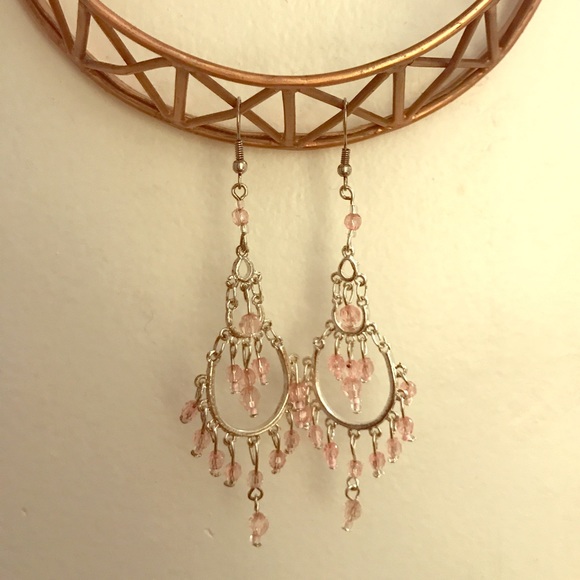 Jewelry - Silver Plated Dangly Pink Beaded Earrings