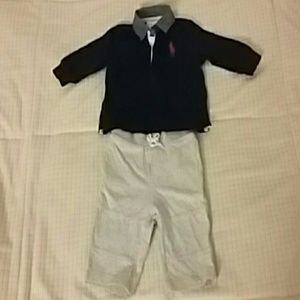 Ralph Lauren collared shirt and grey pants
