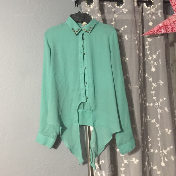 Cover stitched button down blouse