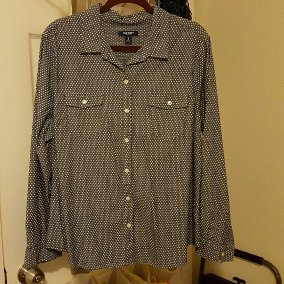 Blue button down shirt with small polka dots