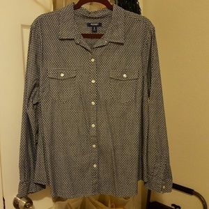 Blue button down shirt with small polka dots