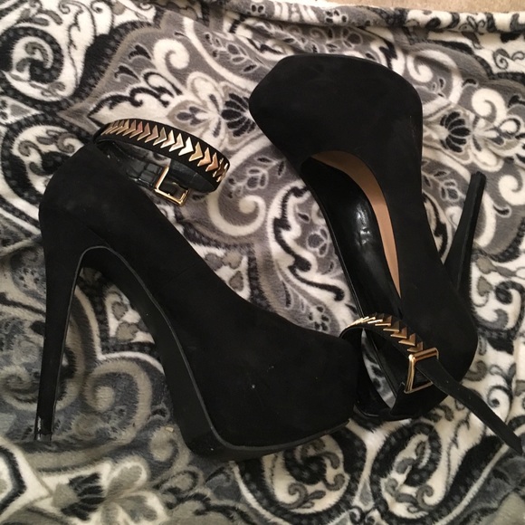 Suede Black High Heel Pumps w/ Gold Ankle Strap