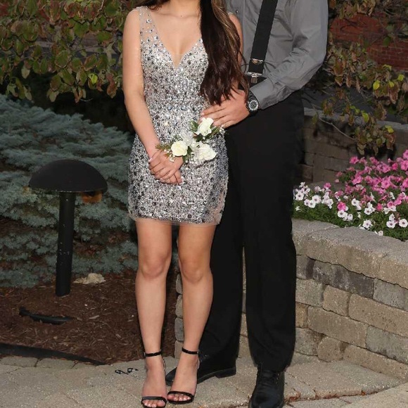 Jovani sliver jeweled v neck body con dress