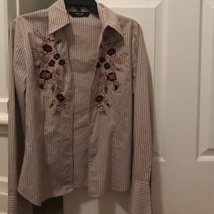 Long sleeve floral collared stripe shirt