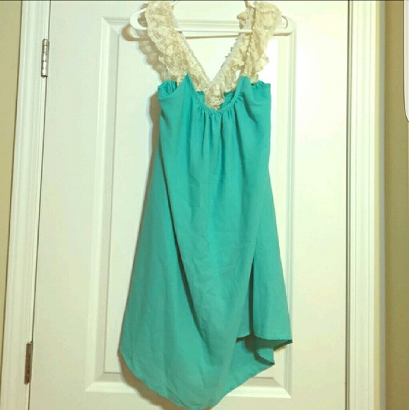 Mint Dress w/ white lace crisscross straps