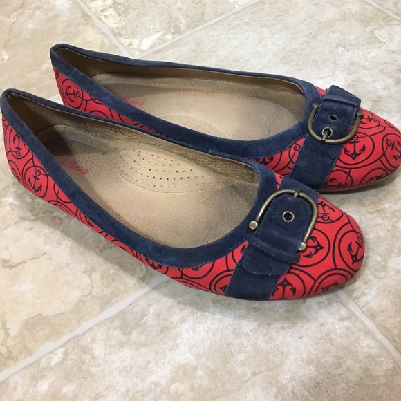 LL Bean Ballet Flats Red Anchor Print w/Buckle, 9