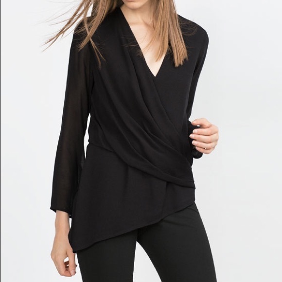 Zara Tops - Zara asymmetric drape blouse top black XS