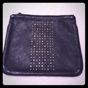 Chic black leather pouch w/metallic detail