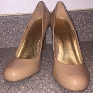 Size 12B Round toe nude patent pumps