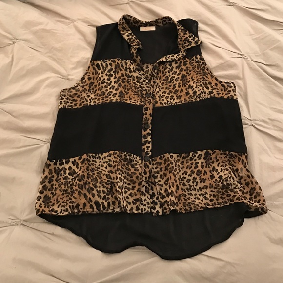 Sheer leopard and black sleeveless blouse