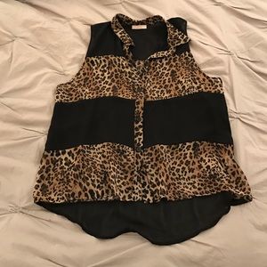 Sheer leopard and black sleeveless blouse