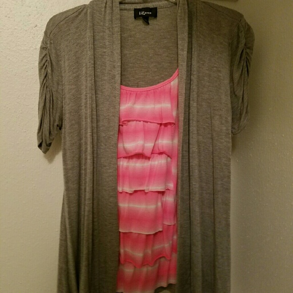 One piece Pink and white shirt w/ grey Cardigan