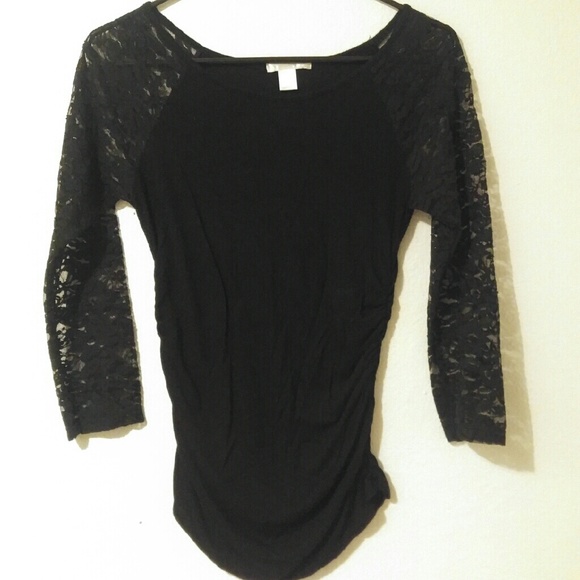 Bozzolo Tops - Lace 3/4 Sleeve black rouched top