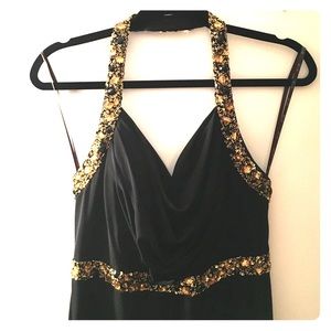 Black gold beaded prom dress