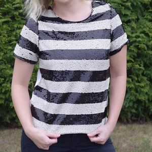 Black and white stripe sequin top