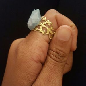 Crystal Aqua Aura Quartz Gold Style Ajustable Ring