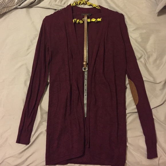 Long burgundy open front belted cardigan