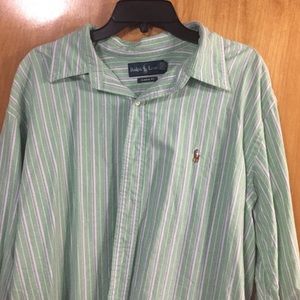 Mens polo shirt green with light blue,white stripe