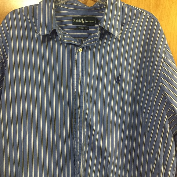 Men's long sleeve blue and white shirt.