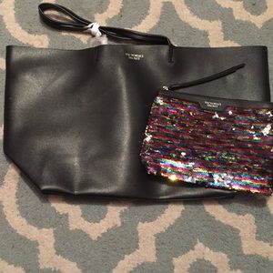 Victoria's Secret tote with sequin makeup bag