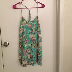 Turquoise floral mini dress.