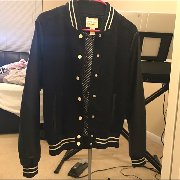 Leather sleeve varsity bomber jacket