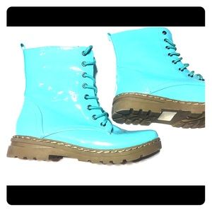 Teal shiny faux leather boots