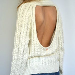 Cream Backless Cable Knit Turtleneck Sweater