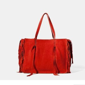 Zara red fringe tote